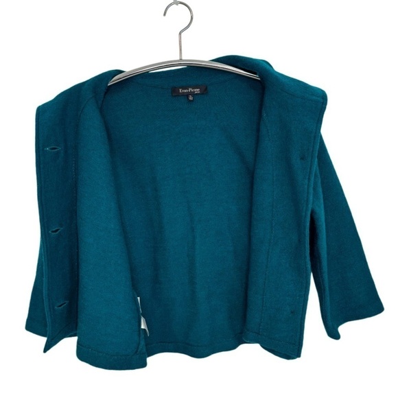 EVAN-PICONE 100% WOOL 3-BUTTON COLLARED TEAL CARDIGAN BLAZER, 3/4 SLEEVE, PL - Picture 4 of 10